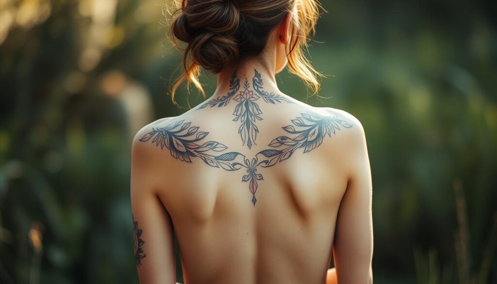 A beautiful female figure stands in a serene, naturalistic setting, her back facing the viewer. Soft, natural lighting illuminates the intricate, elegant tattoo designs that adorn her back, showcasing the placement and flow of the artwork across her shoulders and spine. The tattoos, rendered in a mix of delicate linework and vibrant colors, create a captivating and visually striking composition. The model's pose exudes a sense of confidence and poise, allowing the viewer to fully appreciate the beauty and artistry of the back tattoos. The overall mood is one of tranquility, elegance, and the celebration of the female form.