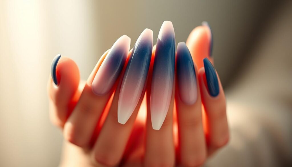 A beautiful ombre nail design featuring a gradient of soft pastel shades, ranging from a delicate baby blue at the cuticles to a rich, deep navy at the tips. The nails are shaped into long, elegant stiletto points, exuding a glamorous, high-fashion aesthetic. The lighting is soft and diffused, creating a warm, ethereal glow that highlights the subtle variations in color and texture across the nails. The composition places the hands in the foreground, drawing the viewer's eye to the intricate, eye-catching design. The overall mood is one of sophistication, elegance, and the latest trendy nail art for 2023.