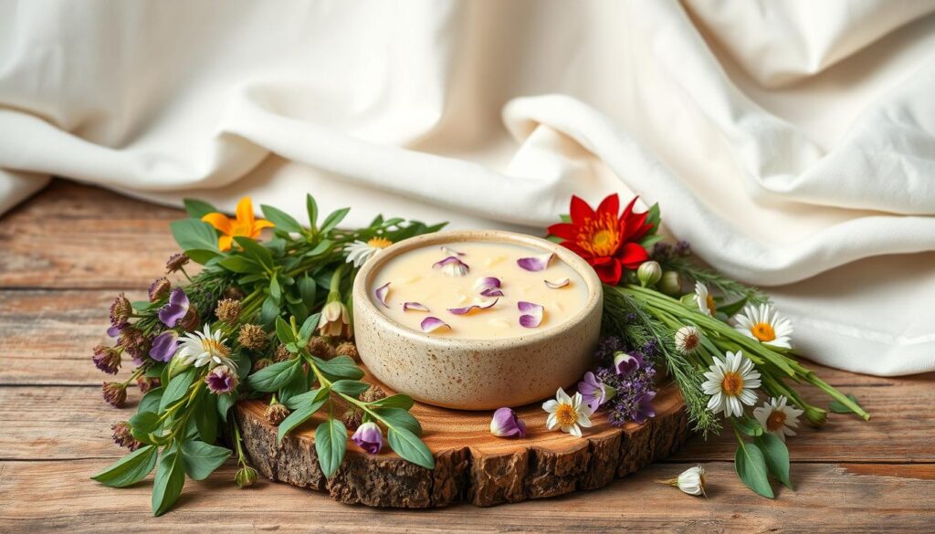A beautifully arranged still life of natural soap ingredients on a rustic wooden surface. In the foreground, a variety of herbs, flowers, and botanicals are meticulously placed, their vibrant colors and textures contrasting with the rough-hewn wood. In the middle ground, a handcrafted ceramic bowl filled with a rich, creamy soap mixture, its surface dotted with delicate flower petals. The background features a simple linen cloth, its soft folds and neutral tones providing a serene backdrop. Soft, diffused natural lighting illuminates the scene, highlighting the organic nature of the materials and lending an artisanal, handmade quality to the composition. The overall mood is one of simplicity, authenticity, and a dedication to natural, homemade skin care.