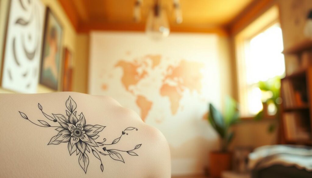 A beautifully detailed tattoo design sketch, drawn in a graceful, feminine style. The foreground features intricate linework and elegant floral motifs, with the main design element a captivating, asymmetrical mandala pattern. The middle ground showcases a delicate, watercolor-like wash of pastel hues, creating a sense of depth and mystique. The background is softly blurred, allowing the tattoo design to be the focal point, illuminated by warm, natural lighting from an overhead window. The overall mood is serene, alluring, and inspirational, capturing the essence of a thoughtfully curated tattoo that celebrates the wearer's personal style and identity.