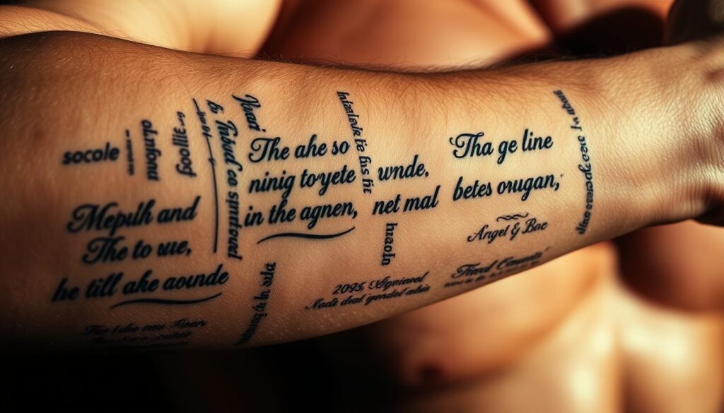 A beautifully lit, high-contrast close-up shot of several intricately designed Bible verse tattoos on a man's muscular forearm. The tattoos feature a variety of elegant, calligraphic font styles in shades of black and gray, with delicate flourishes and intricate linework. The skin has a warm, natural tone, and the lighting casts dramatic shadows that accentuate the depth and texture of the tattoo designs. The overall composition emphasizes the aesthetic appeal and thoughtful craftsmanship of the tattoos, capturing the essence of "Aesthetic Considerations for Tattoos" within the broader context of "Bible Verse Tattoos for Men: Meaningful Ink."