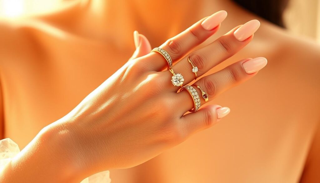 A beautifully manicured hand adorned with long, glossy stiletto nails and an array of exquisite jewelry. Delicate gold rings, a sparkling diamond bracelet, and a pair of elegant drop earrings catch the light, casting a warm, ethereal glow. The hand is positioned gracefully, creating a captivating focal point. The background is softly blurred, allowing the jewelry to take center stage and elevate the overall aesthetic. The lighting is natural and diffused, accentuating the intricate details and the luxurious feel of the accessories. The mood is one of refined sophistication and effortless glamour, perfectly complementing the "Enhancing Your Look with Accessories" theme.