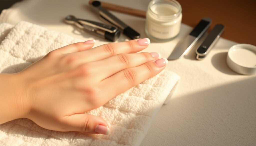 A beautifully manicured hand resting on a soft, white towel, illuminated by warm, natural lighting. The nails are painted in a delicate pink and white, a classic and elegant design. In the background, an assortment of nail care tools, such as cuticle clippers, nail files, and a small jar of moisturizing cream, are neatly arranged, suggesting a well-organized and meticulous approach to nail maintenance. The overall composition conveys a sense of tranquility and self-care, perfectly capturing the essence of the "Maintenance and Longevity" section of the article.