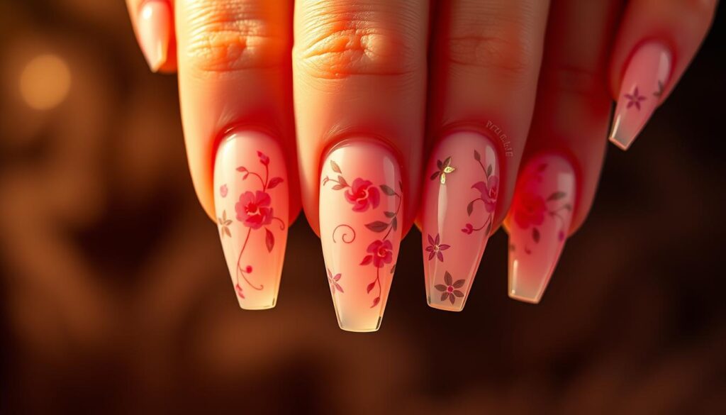 A beautifully manicured set of coffin-shaped nails, each one adorned with intricate designs in soft, feminine shades of pink. The nails are illuminated by warm, diffused lighting, casting a gentle glow and creating a sense of depth and dimension. In the foreground, delicate floral motifs dance across the nail beds, their petals and leaves rendered with meticulous attention to detail. The middle ground showcases a mix of abstract patterns and geometric shapes, adding visual interest and a touch of modern elegance. The background fades into a hazy, atmospheric blur, allowing the focus to remain on the captivating nail art. The overall composition evokes a sense of luxury, style, and a touch of whimsy, perfectly capturing the essence of "Coffin Pink Nails".