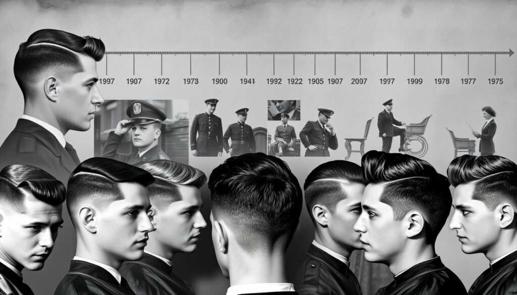 A black and white historical photographic montage depicting the evolution of the classic crew cut hairstyle from the early 20th century to the present day. In the foreground, a series of close-up portraits showcasing the distinct crew cut styles of different eras, from the tight, flat-top cuts of the 1940s to the longer, textured versions popular in the 1980s. In the middle ground, a collage of vintage barbershop scenes and military recruits receiving their standard issue crew cuts. In the background, a faded timeline tracking the cultural and social significance of the crew cut through the decades, from its military origins to its adoption by subcultures and mainstream fashion.