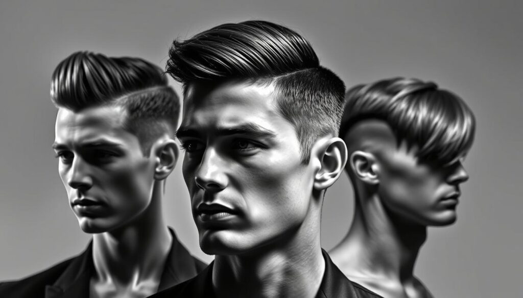 A black and white portrait showcasing the evolution of the two-block haircut for men. In the foreground, a classic 1950s-era cut with sharp, angular lines and a high-volume top. In the middle ground, a sleek 1970s-inspired shag with softened edges and a textured fringe. In the background, a contemporary interpretation with a longer, layered top and faded sides, capturing the style's enduring global appeal. Dramatic chiaroscuro lighting accentuates the geometric shapes and sculptural volume, evoking the timeless sophistication of this iconic men's hairstyle.