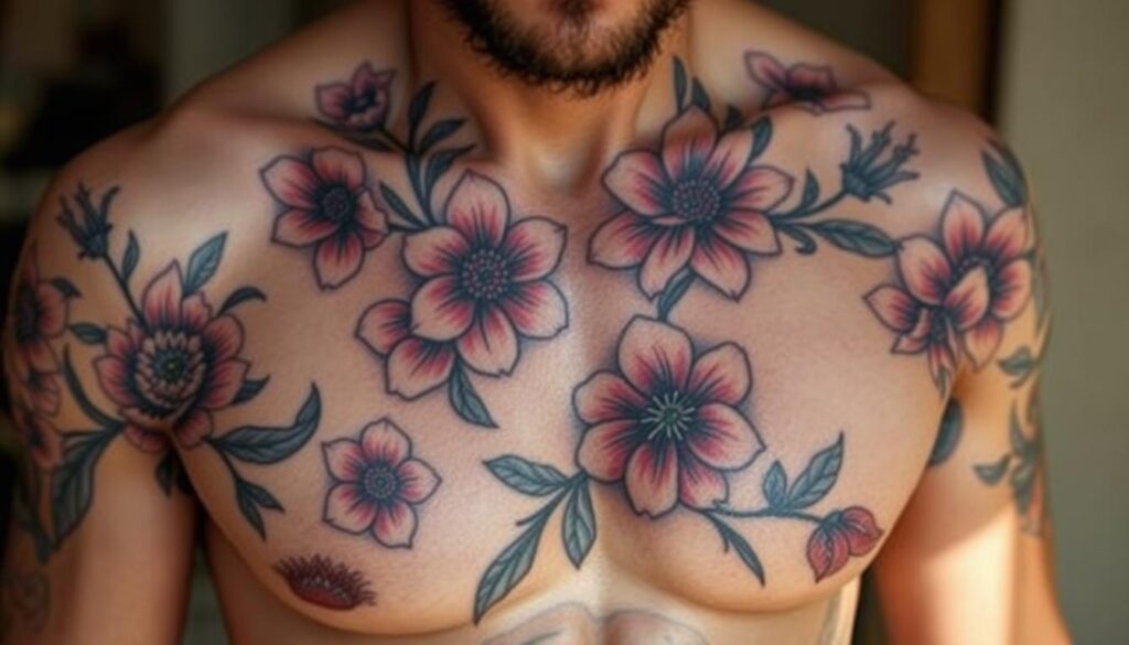 A breathtaking bouquet of unique, one-of-a-kind flower tattoos adorn the skin in a captivating display. Intricate petals and delicate stamens intertwine, creating a mesmerizing mosaic of color and texture. The designs flow organically, as if the flowers have blossomed directly on the body. Soft, natural lighting accentuates the depth and dimension, casting subtle shadows that add depth and realism. The compositions are artfully arranged, with each tattoo element expertly placed to create a harmonious, visually stunning whole. The overall mood is bold, daring, and confident, reflecting the fearless spirit of the male wearer.
