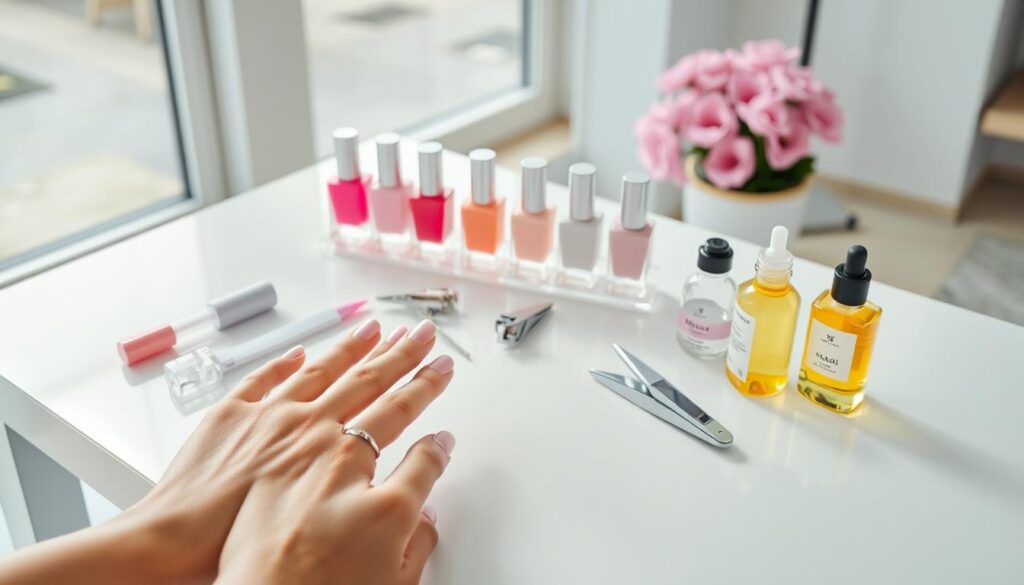 A bright, airy studio setting with natural lighting filtering in through large windows. On a sleek, modern table, an assortment of nail care essentials are neatly arranged - an array of vibrant pink and pastel nail polishes, a crystal nail file, a cuticle pusher, a pair of precision nail clippers, and a bottle of nourishing cuticle oil. In the foreground, a woman's manicured hands are delicately applying a layer of the soft pink polish, the light catching the subtle shimmer. The overall mood is one of relaxation and self-care, inviting the viewer to indulge in a moment of pampering for healthy, beautiful nails.