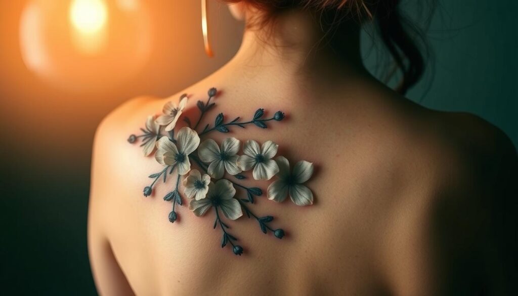 A captivating bouquet of delicate flowers cascades down a person's spine, their petals unfurling against the smooth skin. Subtle highlights accentuate the intricate floral designs, while soft shadows create depth and dimension. The tattoo artist's masterful strokes bring this organic artwork to life, each petal meticulously rendered. The overall composition is balanced and harmonious, reflecting the wearer's unique personality and style. Warm lighting from above casts a gentle glow, evoking a sense of tranquility and natural beauty. The camera's lens captures this enchanting scene in sharp focus, showcasing the tattoo's exquisite details.