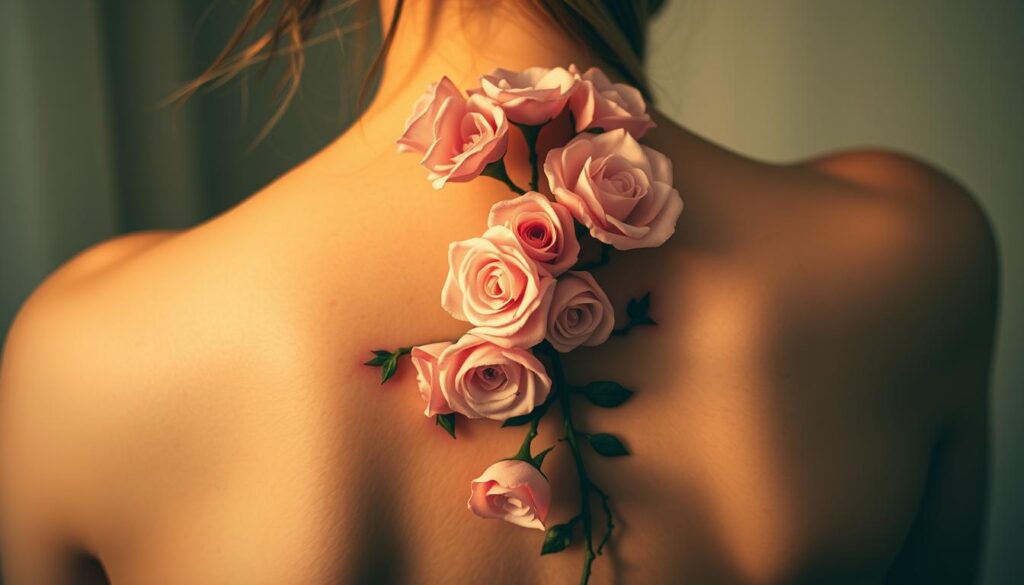 A captivating bouquet of delicate rose blossoms cascades down the spine, their velvety petals intertwined with thorned vines. The composition highlights the stunning contrast between the graceful flowers and the rugged, linear structure of the spine. The lighting casts a warm, golden glow, accentuating the intricate details and the depth of the tattoo design. Captured with a shallow depth of field, the image focuses the viewer's attention on the elegant floral motif, while the surrounding skin tone and background remain softly blurred, creating a sense of intimacy and personal connection.