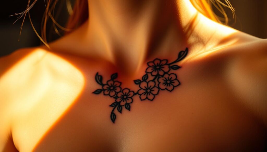 A captivating close-up of a trendy, delicately detailed chest tattoo, illuminated by warm, soft lighting and crisp shadows. The intricate floral design cascades gracefully across the model's collarbone, complementing the natural curves of their torso. The tattoo's vibrant colors and intricate linework are showcased against the backdrop of smooth, glowing skin. The image captures the tattoo as a fashionable statement piece, highlighting its potential to enhance and accentuate the wearer's personal style.