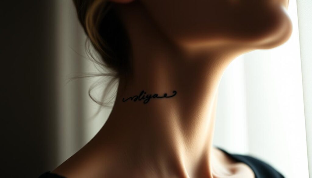 A captivating close-up of a woman's neck, showcasing the placement and size of a stylish tattoo design. The tattoo is delicately inked, with intricate patterns and lines that flow gracefully along the soft contours of the throat. The lighting is soft and diffused, creating a warm, intimate atmosphere that emphasizes the elegant simplicity of the design. The angle is slightly angled, allowing the viewer to appreciate the thoughtful placement of the tattoo and its harmonious integration with the model's features. The background is subtly blurred, keeping the focus on the striking tattoo and the model's alluring, composed expression.