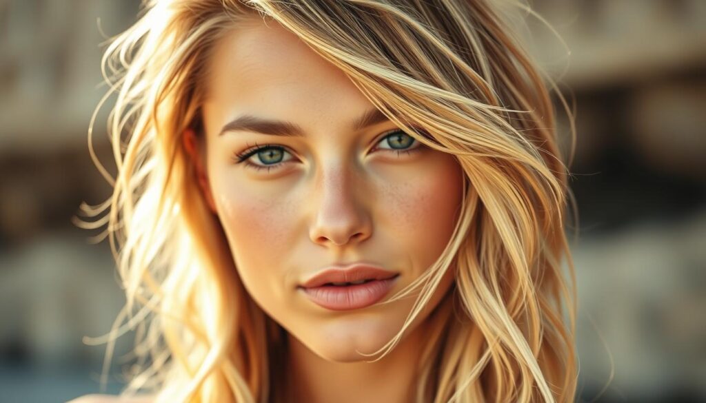 A captivating close-up portrait of a model with a perfectly tousled beachy waves hairstyle. Soft, windswept strands frame the face, showcasing the model's sun-kissed complexion and serene, relaxed expression. The lighting is natural, with warm golden tones that evoke a sun-drenched summer day. The background is blurred, placing the focus entirely on the model's effortlessly cool, surfer-inspired look. The overall mood is one of laid-back California beach vibes, capturing the essence of the "Surfer Cut" aesthetic.