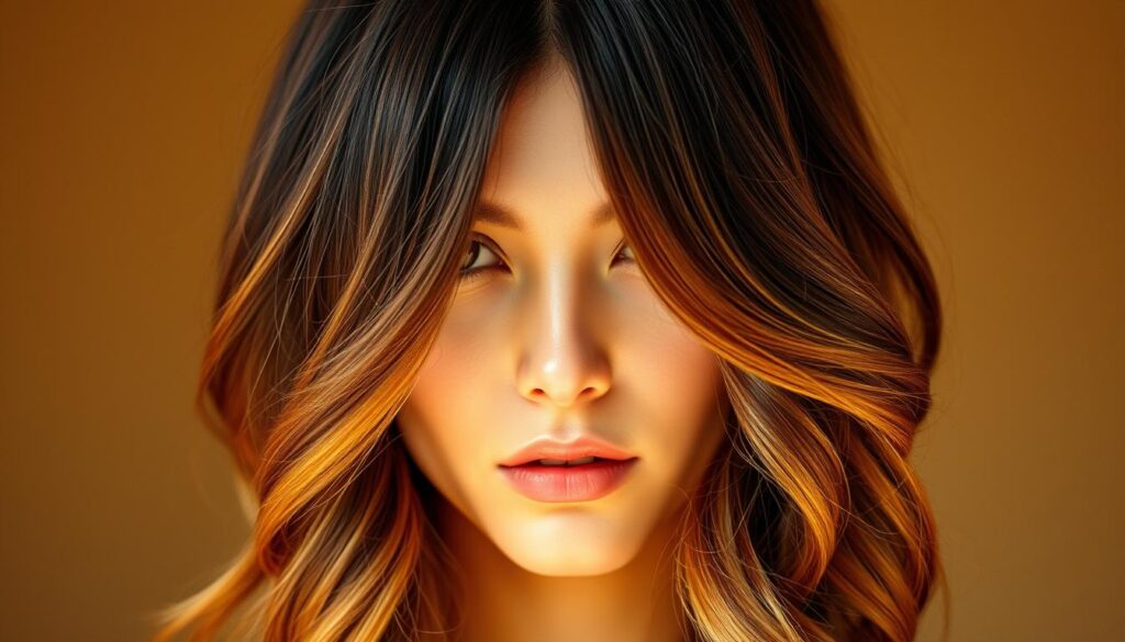 A captivating curtain hairstyle, featuring a stylish, symmetrical parting that gracefully frames the face. The hair cascades in soft, flowing waves, capturing the essence of the trendy cut. Dramatic yet effortless, the style is illuminated by warm, natural lighting that casts a gentle glow, highlighting the rich, vibrant tones of the hair. Photographed with a shallow depth of field, the subject's features are subtly emphasized, creating an alluring and captivating portrait that perfectly encapsulates the appeal of the curtain haircut.
