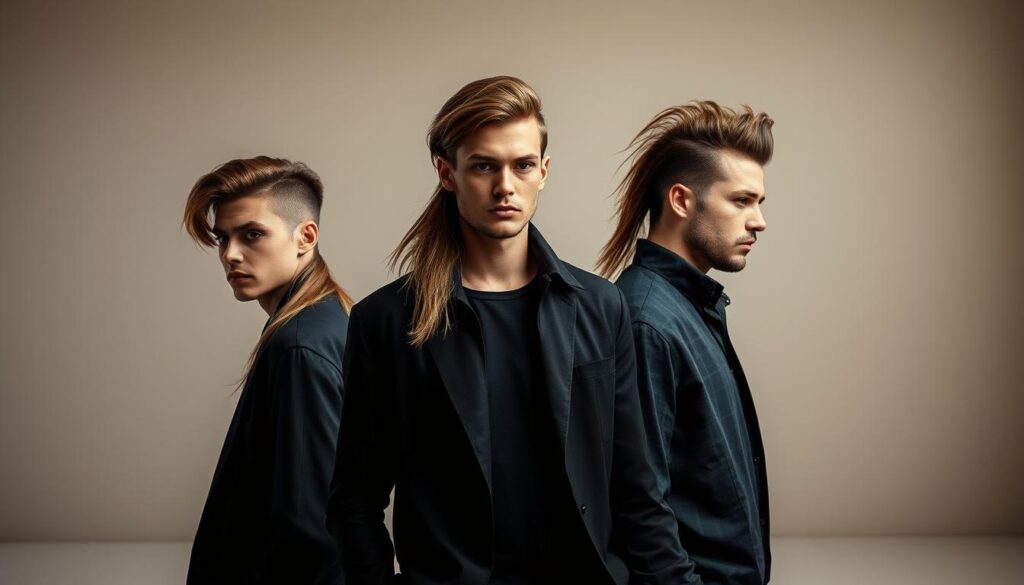 A captivating evolution of the iconic mullet haircut, transitioning from its classic 80s charm to modern sophistication. In the foreground, a striking male figure showcases the classic mullet, with its distinct long locks at the back and shorter hair at the front. Transitioning to the middle ground, the same model dons a more refined, contemporary take on the style, blending the long and short elements seamlessly. In the background, a minimalist setting with clean lines and muted tones creates a sleek, modern ambiance, complementing the progressive transformation of the mullet. Soft, directional lighting accentuates the textures and angles of the hairstyles, capturing the essence of this iconic look's journey through the decades.