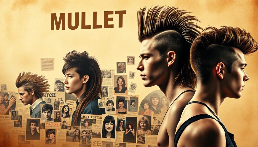 A captivating historical timeline showcasing the evolution of the iconic mullet hairstyle. In the foreground, a series of stylized portraits depicting the quintessential mullet looks from different eras - the retro 70s feathered mullet, the bold 80s mullet with shaved sides, and the modern low-fade mullet. The middle ground features a dynamic collage of vintage photographs, magazine clippings, and cultural references that trace the mullet's journey from its working-class roots to its status as a symbol of counterculture and rebellious style. The background is a hazy, sepia-toned backdrop that evokes a sense of timelessness, with subtle visual cues alluding to the mullet's enduring influence on fashion and popular culture. Dramatic lighting and a cinematic camera angle lend an air of reverence and significance to this iconic hairstyle's remarkable history.