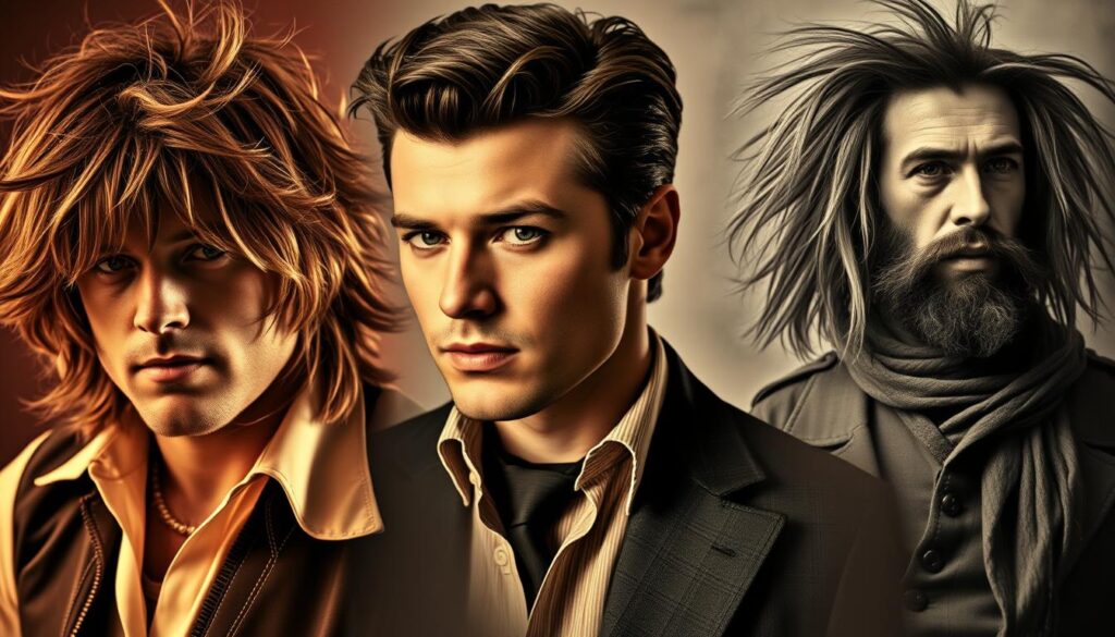 A captivating portrait of influential men from various eras, showcasing the timeless appeal of the shaggy hairstyle. In the foreground, a sepia-toned image of a 1970s rock star, his tousled locks cascading over his shoulders, exuding a carefree, rebellious spirit. In the middle ground, a dashing gentleman from the 1940s, his wavy hair complementing his sharp, tailored attire, embodying the suave sophistication of the era. In the background, a black-and-white photograph of a rugged, long-haired cowboy from the Wild West, his weathered face and windswept hair evoking a sense of rugged individualism. Softly lit with a warm, nostalgic glow, this image celebrates the enduring allure of the shaggy hairstyle and its ability to transcend time and fashion.