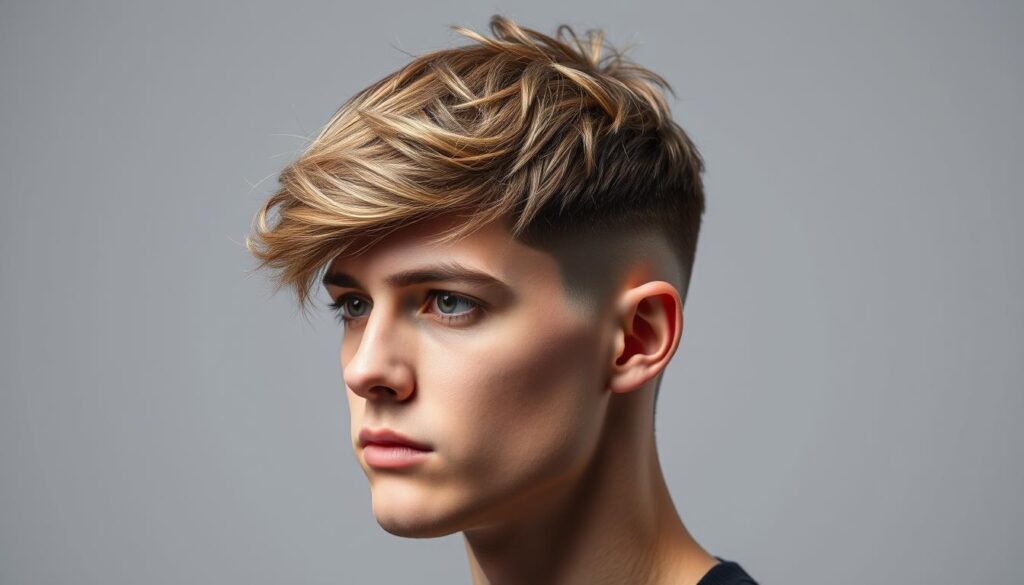 A carefully coiffed hairstyle featuring a textured top with faded sides, showcasing the quintessential French Crop fade. Captured in a high-resolution, studio-quality photograph, the model's hair is styled with a slight messy, tousled look, creating a effortless yet stylish aesthetic. Subtle highlights and lowlights add depth and dimension, while the smooth blend from the fuller crown to the clean-cut sides highlights the precision of the cut. Soft, directional lighting casts gentle shadows, accentuating the textural elements and sculpting the model's facial features. The overall mood is one of confident, modern sophistication - a stylish interpretation of the classic French Crop fade.