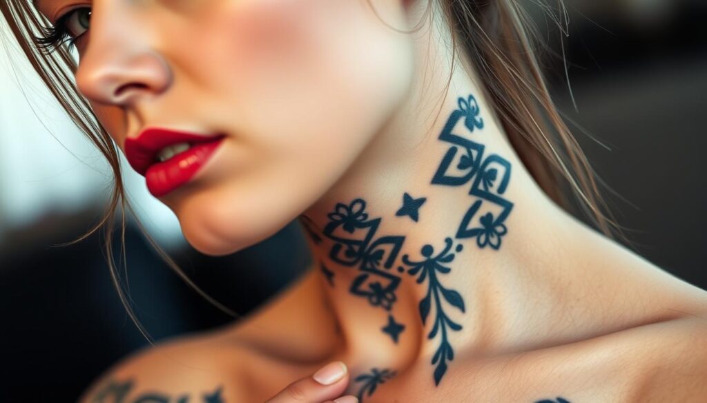A chic female model showcasing alluring front neck tattoo designs. The subject is captured in a close-up portrait, with a focus on the intricate and stylized tattoos adorning the neck and throat area. The tattoos feature a mix of bold, colorful patterns as well as delicate, monochromatic designs, reflecting the "Color vs. Black and Grey Tattoos" theme. The lighting is soft and flattering, creating a sense of beauty and elegance. The background is blurred, keeping the attention on the striking tattoo work. The model's expression is serene and confident, highlighting the allure and appeal of this growing trend in female body art.