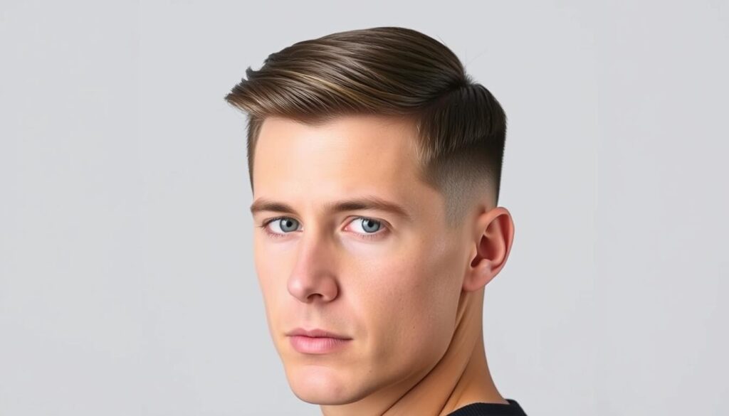 A classic crew cut hairstyle with closely-cropped sides and a slightly longer top. The hair is neatly parted and styled with a subtle sheen, creating a sharp, well-groomed appearance. The subject is facing the camera with a confident, composed expression, set against a clean, neutral background that allows the haircut to be the focal point. Lighting is soft and flattering, emphasizing the cut's clean lines and the subject's facial features. The overall mood is one of timeless elegance and traditional masculinity.