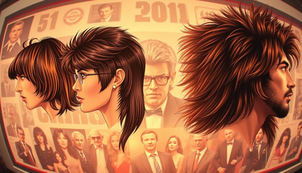 A classic mullet hairstyle evolves through the decades, showcased in a stylized historical illustration. In the foreground, a meticulously rendered mullet transitions from the signature 1970s shag to the bold 1980s business-in-the-front, party-in-the-back look. The middle ground features a montage of iconic mullet wearers, from rock stars to politicians, set against a softly blurred backdrop. The background subtly hints at the cultural zeitgeist of each era, with retro patterns, technological motifs, and societal trends. Warm, nostalgic lighting casts a cinematic glow, while a slightly fisheye lens perspective adds a sense of dynamic movement to the composition. The overall mood evokes a captivating visual chronicle of the mullet's timeless allure and evolution.