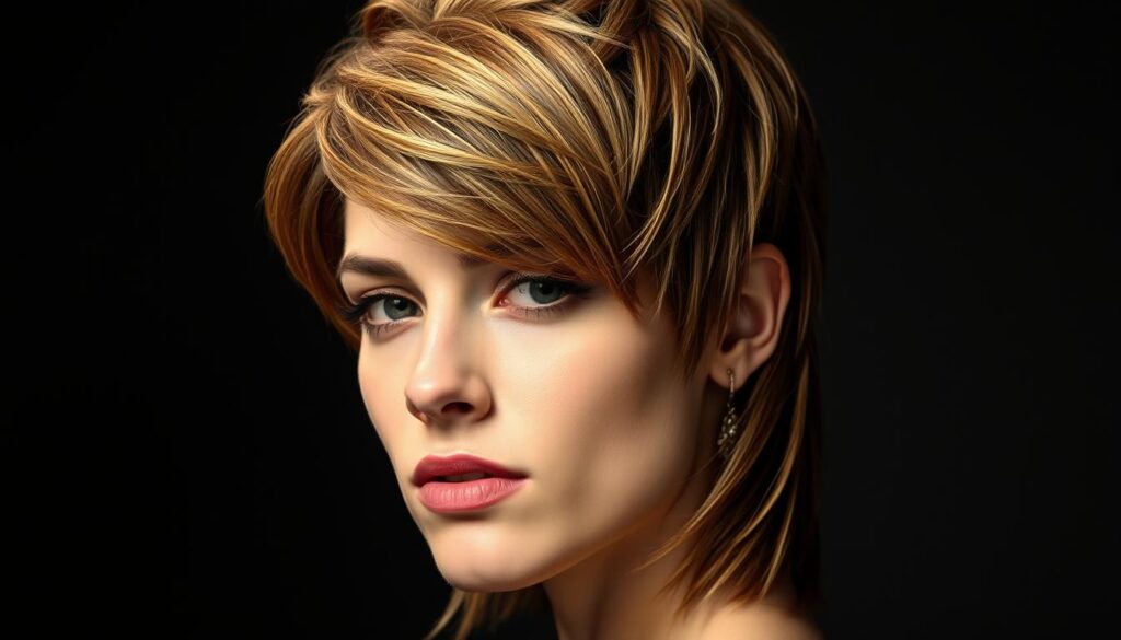 A classic mullet hairstyle with a distinct business-in-the-front, party-in-the-back silhouette. The front section is neatly trimmed and combed, while the back cascades in layered, voluminous locks. Strands of the model's hair reflect warm, golden highlights under dramatic studio lighting, casting dramatic shadows and giving the style an eye-catching, retro allure. The model's confident expression and slightly tilted head emphasize the iconic, rebellious charm of this timeless coiffure.