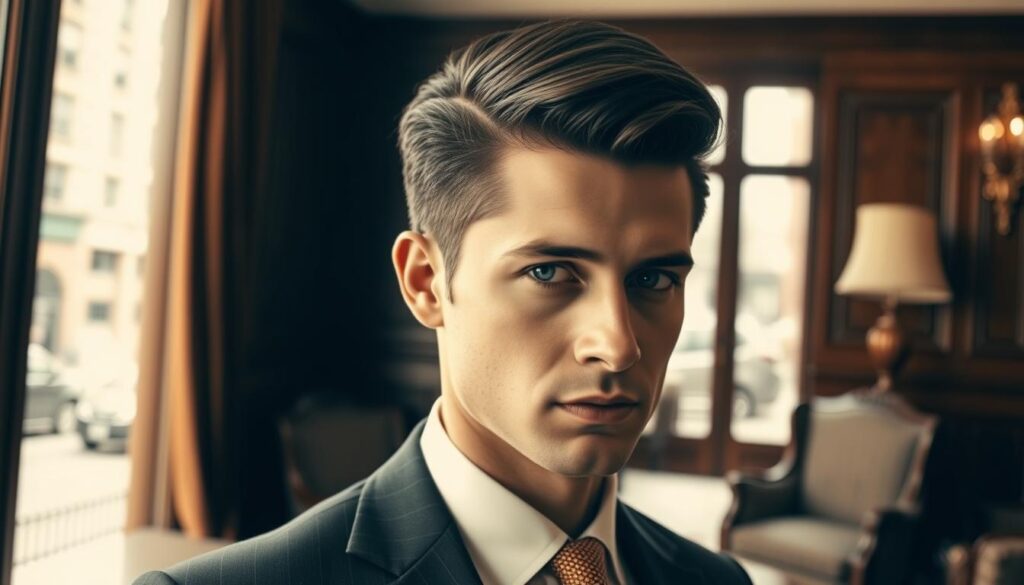 A classic side part haircut set against a timeless backdrop. In the foreground, a well-groomed gentleman in a crisp, vintage-inspired suit, his hair neatly parted to the side, a subtle sheen reflecting the soft, warm lighting. The middle ground features a meticulously styled interior, with rich wood paneling and antique furnishings, evoking a refined, gentlemanly atmosphere. In the background, a hint of a bygone era, with a muted, sepia-toned window view overlooking a bustling city street, capturing the enduring elegance of the classic side part style.
