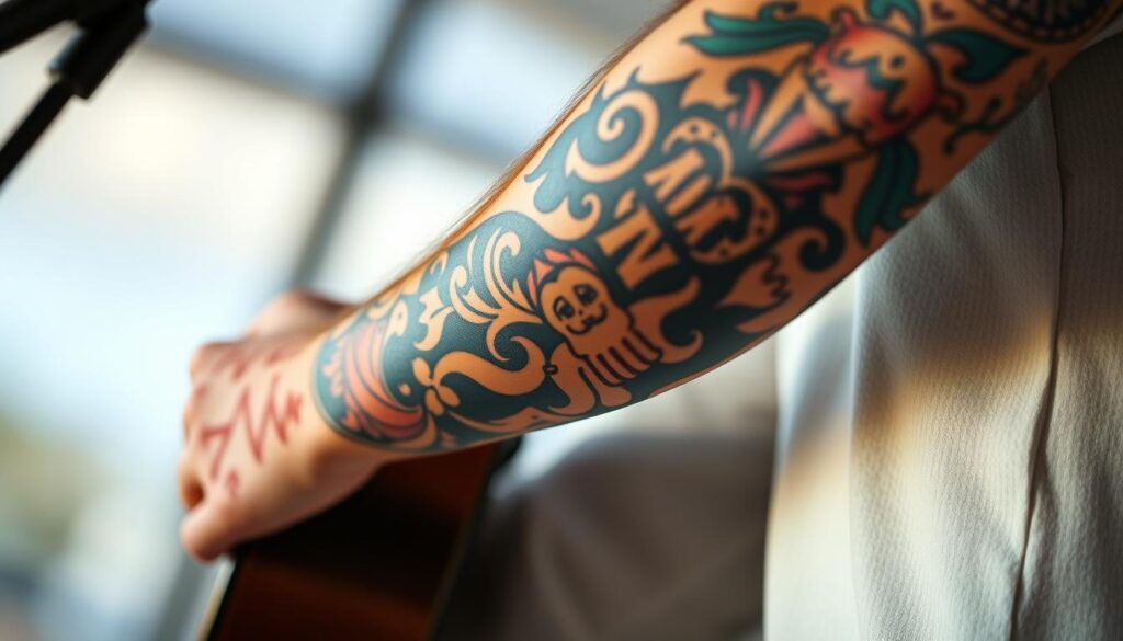 A close-up, high-resolution photograph of Ed Sheeran's colorful sleeve tattoos. The image is shot in soft, natural lighting from a slight angle, capturing the intricate details and vibrant colors of the tattoos. The foreground showcases Sheeran's arm in a relaxed, casual pose, revealing the full extent of the tattoo artwork that covers his sleeve. The middle ground provides a sense of context, hinting at the rest of Sheeran's body and surroundings, while the background remains softly blurred, keeping the focus on the tattoos. The overall mood is one of artistic appreciation, highlighting the creativity and personal expression embodied in Sheeran's iconic body art.