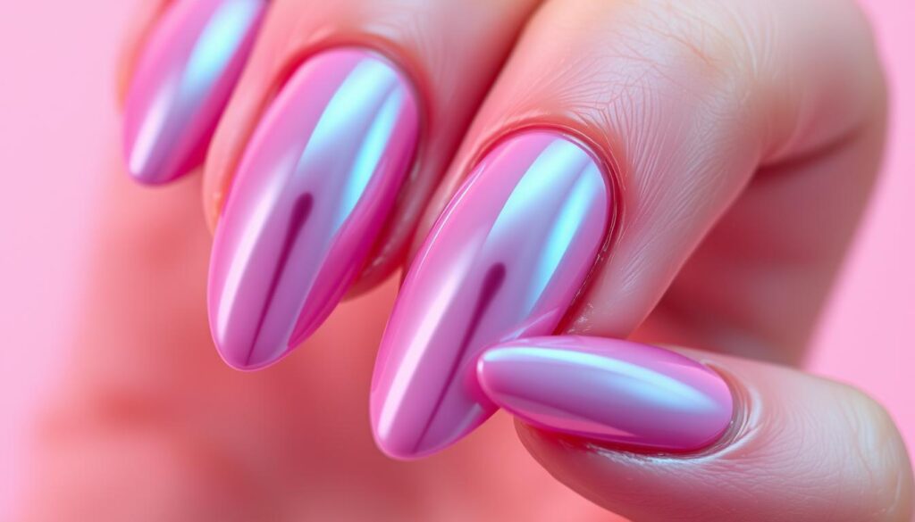 A close-up, high-resolution shot of chrome pink acrylic nails, meticulously manicured and polished to a glossy, mirror-like finish. The nails are elegantly curved, with a subtle, yet striking chrome pink hue that catches the light, creating a mesmerizing, futuristic effect. The image is shot against a clean, neutral background, allowing the vibrant nails to be the sole focus, and is illuminated by soft, diffused lighting that accentuates the nails' reflective qualities. The overall mood is one of sophisticated, modern elegance, highlighting the versatility and appeal of chrome pink nails.