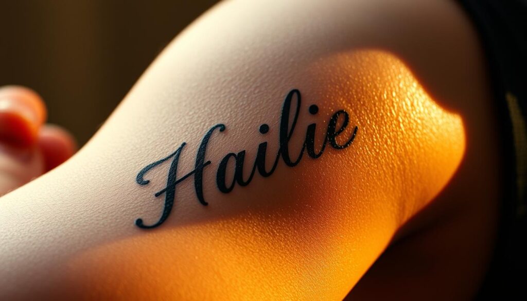 A close-up, intricate portrait of Eminem's tattoo on his upper arm, featuring the name "Hailie" in a delicate script. The skin texture is rendered with high realism, capturing the subtle contours and imperfections that give the tattoo a personal, lived-in quality. The lighting is warm and soft, casting gentle shadows that accentuate the depth and dimensionality of the design. The background is blurred, keeping the focus solely on the tattoo and its emotional significance. The overall mood is one of reverence and personal connection, reflecting the deep bond between the rapper and his daughter.