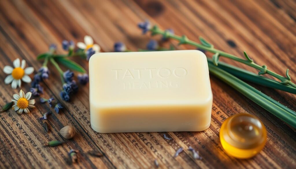 A close-up of a bar of soothing tattoo healing soap, resting on a textured wooden surface. The soap has a soft, creamy appearance, with a subtle sheen that suggests its moisturizing properties. Surrounding the soap are scattered herbs and botanicals, such as chamomile, lavender, and aloe vera, hinting at the nourishing and soothing ingredients within. The lighting is warm and gentle, creating a calming, spa-like atmosphere that evokes a sense of relaxation and rejuvenation for freshly inked skin. The composition is clean and minimalist, allowing the soap and its natural accompaniments to take center stage.