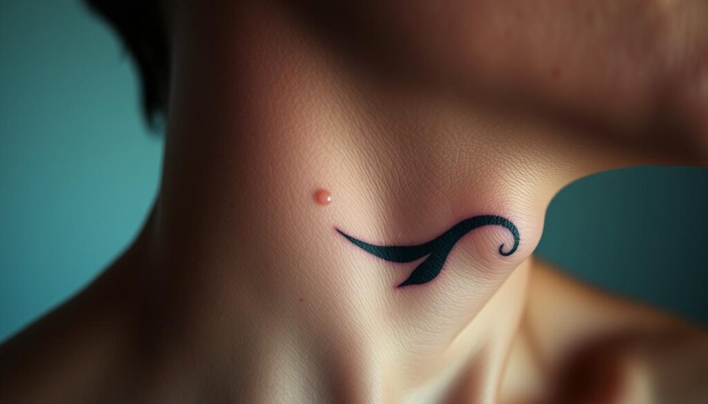 A close-up of a male model's neck, featuring a fresh, vibrant tattoo design. The skin is slightly reddened, indicating a new tattoo, with a clear, glossy layer of aftercare ointment applied. The tattoo is centered on the neck, with the design flowing gracefully along the contours of the skin. The lighting is soft and diffused, creating a serene, intimate atmosphere. The background is blurred, keeping the focus solely on the tattoo and its aftercare process. The overall image conveys a sense of care, attention to detail, and the importance of proper tattoo aftercare for men.