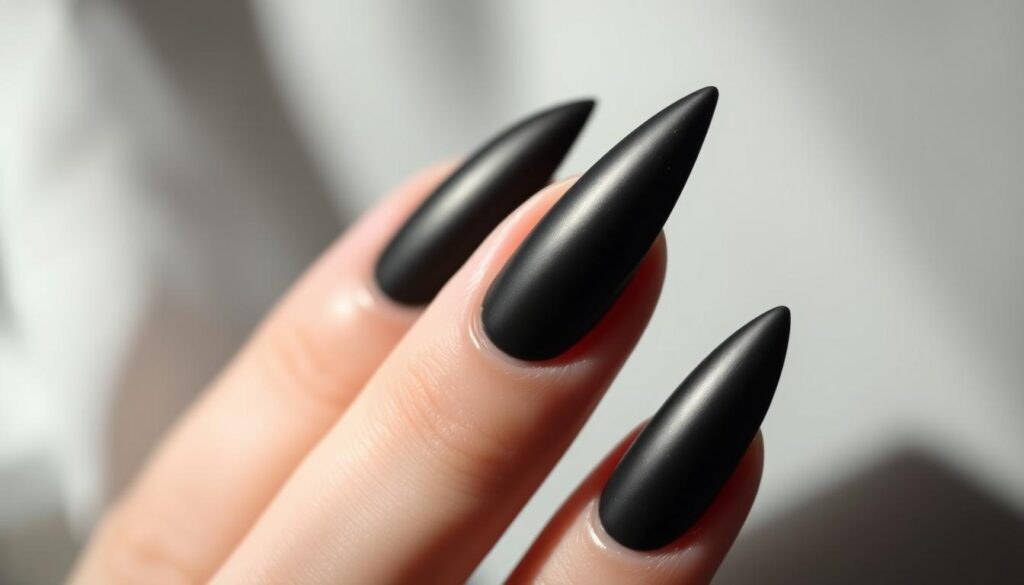 A close-up of a pair of long, sharp stiletto nails in a matte black finish. The nails are carefully manicured, with a sleek, pointed shape and a slightly curved profile. The lighting is soft and diffused, creating subtle shadows that accentuate the dramatic silhouette of the nails. The background is blurred, keeping the focus on the intricate details of the nail design. The overall mood is chic, sophisticated, and slightly ominous, suitable for a Halloween-themed nail art showcase.