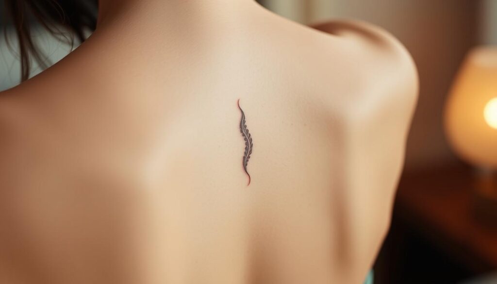 A close-up of a woman's back, the skin gently illuminated by soft, warm lighting. The center of the frame is occupied by a delicate, intricate spine tattoo, its intricate linework and shading crisp and vibrant. Surrounding the tattoo, the skin appears healthy and supple, with a subtle sheen that suggests proper aftercare. The background is blurred, drawing the viewer's attention to the captivating details of the tattoo and its flawless condition. The overall mood is serene, highlighting the beauty and care taken in maintaining this feminine, artistic expression on the body.