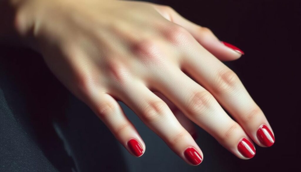 A close-up of a woman's hands, neatly manicured with medium-length stiletto nails. The nails are painted in a classic glossy red, with a healthy cuticle and nail bed. Soft, diffused lighting illuminates the hands, casting gentle shadows and highlighting the elegant shape of the nails. The background is blurred, placing the focus entirely on the neatly groomed hands, conveying a sense of care and attention to nail health. The overall mood is one of refined sophistication and attention to detail, reflecting the subject of "Health Considerations for Nail Enthusiasts".