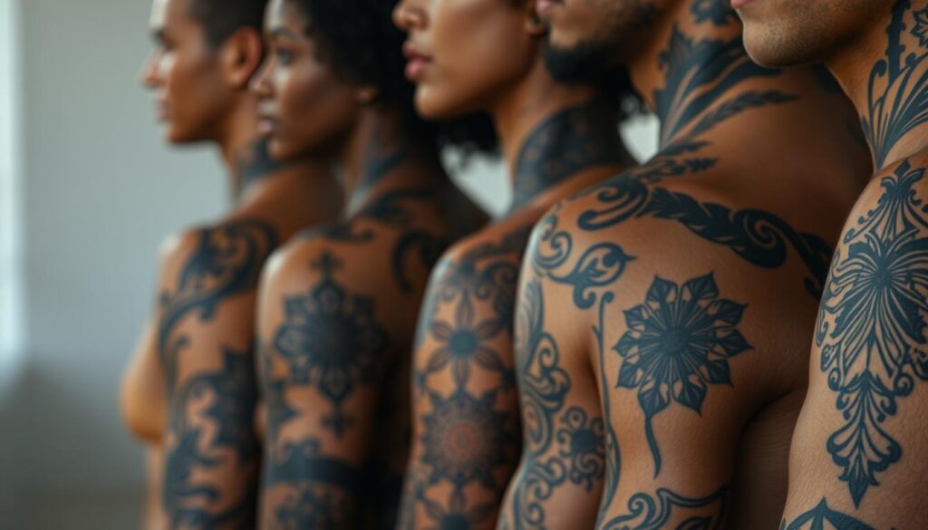 A close-up of diverse human skin tones with intricate black ink tattoos covering the foreground. The tattoos are detailed and vary in style, from bold geometric patterns to delicate line work. The lighting is soft and natural, highlighting the contrast between the dark ink and the unique undertones of each skin type. The mid-ground is blurred, emphasizing the focus on the tattoos. The background is subtly out of focus, creating a sense of depth and a minimalist, gallery-like atmosphere.