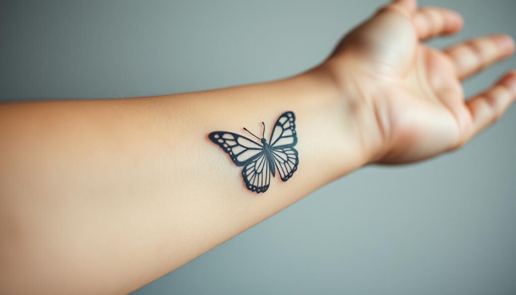 A close-up photo of a woman's forearm, featuring a delicate, intricate butterfly tattoo design. The tattoo is centered on the arm, with the butterfly's wings spread out gracefully. The skin has a soft, natural texture, and the lighting casts subtle shadows, highlighting the details of the tattoo. The background is slightly blurred, creating a sense of focus on the tattoo itself. The overall mood is serene and elegant, reflecting the beauty and elegance of the butterfly design.