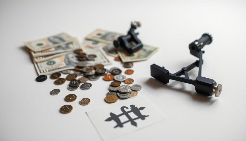 A close-up photograph of various currency notes and coins scattered across a clean, minimalist table surface, with a simple tattoo machine and a tattoo stencil in the foreground. The lighting is soft and diffused, creating a sense of tranquility and focus on the financial aspects of getting a tattoo. The image conveys the idea of the cost and pricing considerations involved in the tattoo process, without distracting elements.