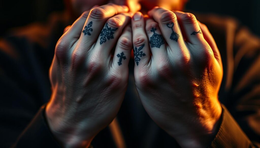 A close-up portrait of Ed Sheeran's hands, revealing his intricate tattoos in vivid detail. The hands are held in a thoughtful, pensive pose, with the fingertips gently touching. Soft, warm lighting illuminates the skin, highlighting the delicate lines and patterns of the ink. The background is blurred, keeping the focus on the tattoos and their personal significance. The image conveys a sense of contemplation and the deep meaning behind Sheeran's most cherished body art.
