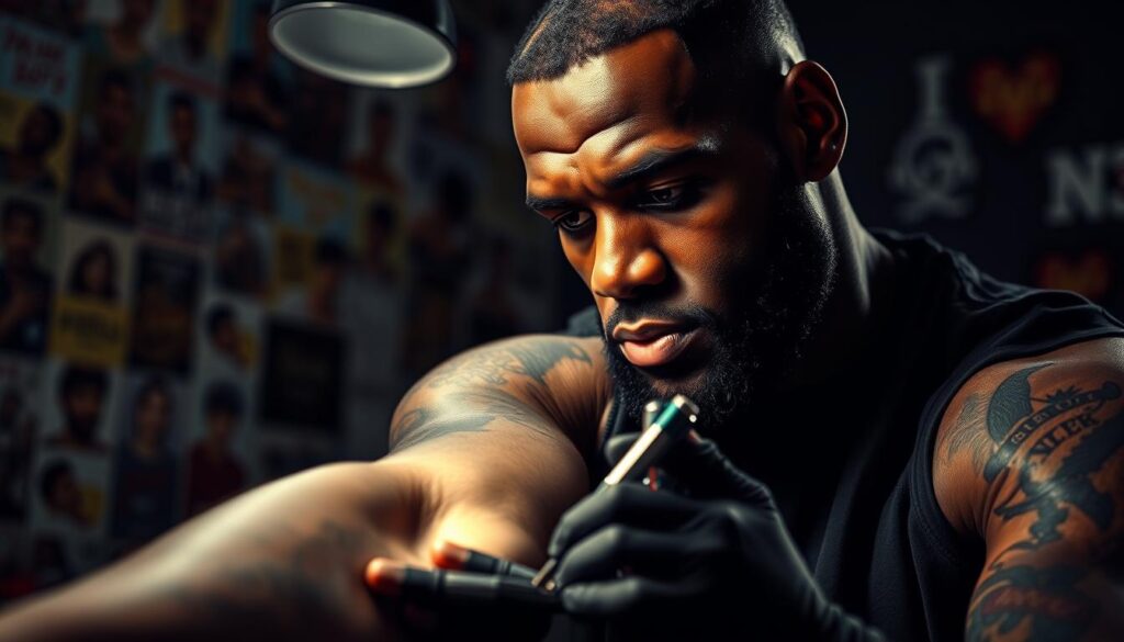 A close-up portrait of LeBron James in a tattoo studio, his arm extended as a tattoo artist carefully inks a new design. The artist, wearing a focused expression, works with delicate precision using a modern tattoo gun. The background is dimly lit, with a blurred tattoo flash wall and various tattoo supplies in the foreground, creating a professional, intimate atmosphere. Soft, directional lighting casts dramatic shadows across LeBron's face, highlighting his intense gaze as he collaborates with the skilled artist on a new addition to his impressive tattoo collection.