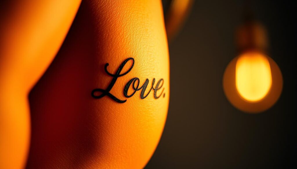A close-up portrait of NBA superstar Steph Curry's iconic "Love" tattoo, captured in a warm, intimate lighting. The tattoo is prominently featured, its intricate design and bold linework standing out against Curry's tanned skin. The image is shot at a slight angle, drawing the viewer's eye directly to the meaningful ink. The background is softly blurred, keeping the focus solely on the tattoo and its personal significance to the celebrated basketball player. Overall, the image conveys a sense of personal connection and the deep personal meaning behind Curry's body art.
