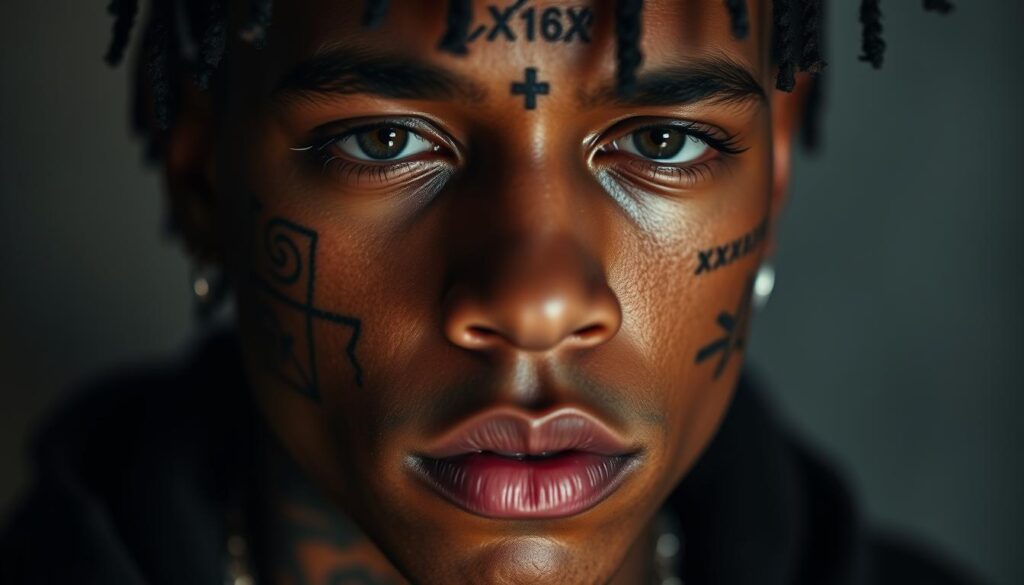 A close-up portrait of XXXTentacion, the influential rapper, displaying his iconic facial tattoos. The image is shot with a high-resolution camera and a shallow depth of field, putting the tattoos in sharp focus. Soft, directional lighting accentuates the intricate details of the ink, casting dramatic shadows across his features. The expression is pensive, with a hint of intensity in his gaze, reflecting the emotional depth and complexity associated with the artist's life and work. The background is subtly blurred, keeping the attention solely on the subject's face and the stories it tells through his remarkable body art.