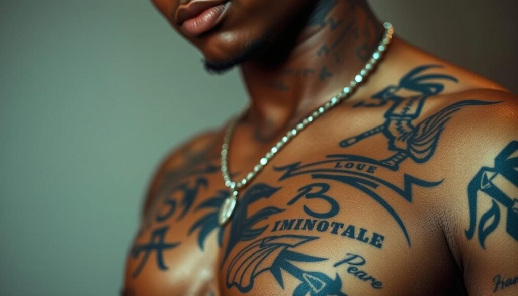 A close-up portrait of XXXTentacion's torso, showcasing his intricate and meaningful tattoos. The lighting is soft and directional, highlighting the details and textures of the ink. The background is subtly blurred, placing the focus on the tattoos themselves. The composition is balanced, with a slight angle to create a sense of dynamism. The overall mood is contemplative, inviting the viewer to closely examine the rapper's iconic body art and the stories they tell.