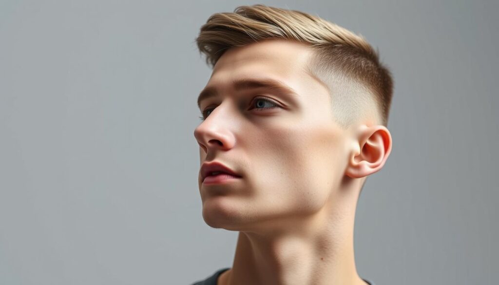 A close-up portrait of a male model showcasing a well-groomed long crew cut hairstyle. The subject's hair is neatly trimmed on the sides and back, with the top section styled in a textured, forward-swept look. Soft, directional lighting illuminates the model's facial features, emphasizing the structured, masculine cut. The background is a simple, minimalist studio setting, allowing the focus to remain on the intricate details of the hairstyle. The overall mood is sophisticated and aspirational, conveying the classic yet modern essence of the long crew cut style.