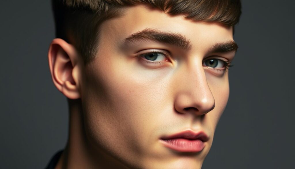 A close-up portrait of a man's face showcasing a classic mod cut hairstyle. The hair is meticulously styled with a smooth, even part and clean, angular lines. The lighting is soft and diffused, creating subtle shadows that accentuate the model's facial features. The camera angle is slightly tilted to capture the subject's profile, highlighting the sharp, angular jawline and cheekbones. The background is a muted, neutral tone, keeping the focus solely on the subject's face and hairstyle. The overall mood is one of refined sophistication and timeless style, embodying the essence of the mod cut aesthetic.