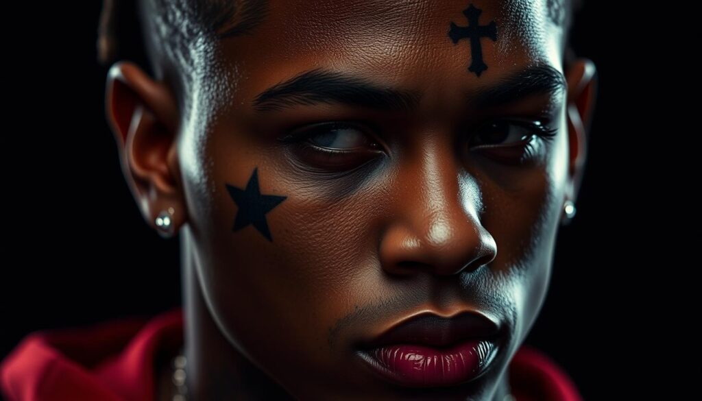 A close-up portrait of the late rapper XXXTentacion, featuring his iconic face tattoos. The image should capture the intensity and emotion conveyed by his striking ink designs, which include the 'x' on his forehead, the 'revenge' logo on his cheek, and the Gothic-style cross on his temple. Render this in a dramatic, high-contrast lighting setup that casts dramatic shadows and highlights the intricate details of the tattoos. Compose the shot in a cinematic, slightly off-center angle to create a sense of tension and depth. The overall mood should be somber and reflective, mirroring the significance of XXXTentacion's tattoos as expressions of his personal struggles and creative vision.