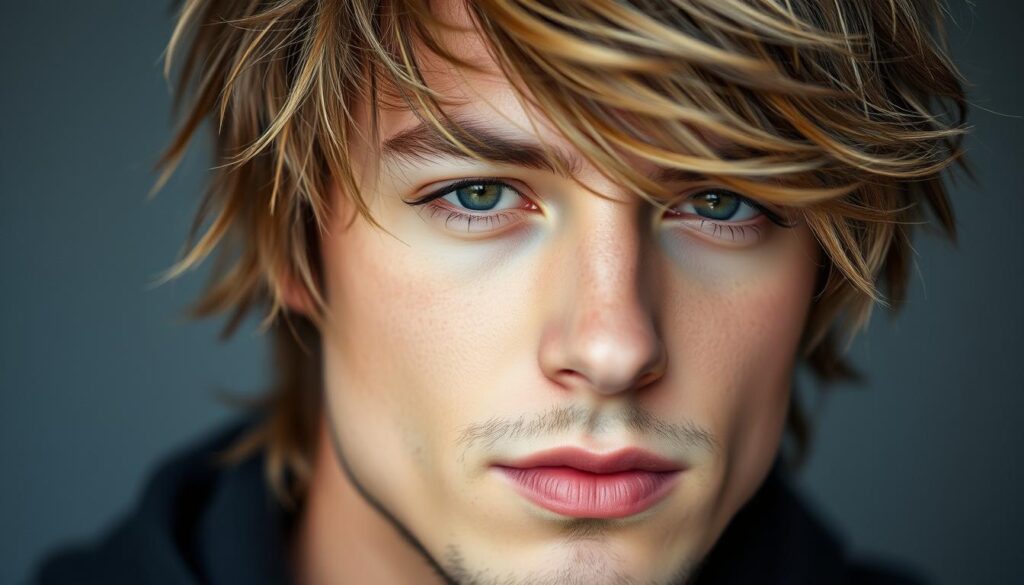A close-up portrait showcasing a stylish shaggy haircut for men. The subject has tousled, medium-length locks with wispy bangs and layers that create a textured, effortless look. Soft, diffused lighting illuminates the model's face, highlighting the shag's dynamic movement and dimension. The depth of field is shallow, keeping the focus on the distinctive hairstyle. The overall mood is one of casual sophistication, capturing the signature style of a modern shag cut.