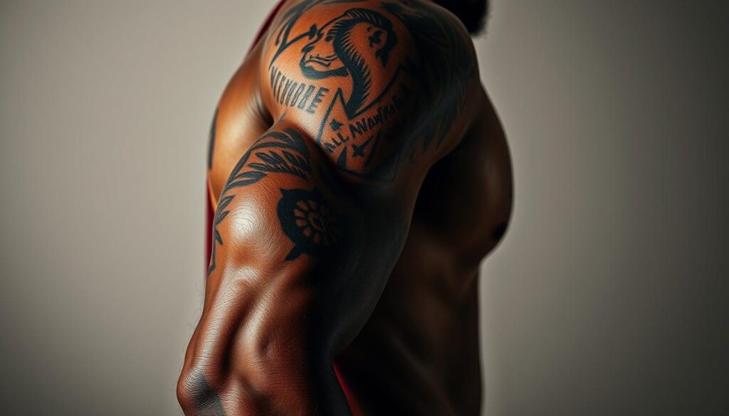 A close-up shot of LeBron James' muscular arm, featuring his iconic tattoo sleeve. The tattoos are rendered in vivid detail, capturing the intricate designs and shading. The arm is positioned in a natural, relaxed pose, allowing the viewer to appreciate the full extent of the tattoos. The image is lit from the side, casting dramatic shadows and highlights across the skin, emphasizing the depth and texture of the artwork. The background is subtly blurred, keeping the focus on the captivating tattoo sleeve. The overall mood is one of power, passion, and personal expression, reflecting the essence of LeBron's iconic image.
