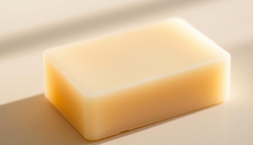 A close-up shot of a bar of fragrance-free, gentle soap for tattoo aftercare, with a smooth, creamy texture and a simple, minimalist design. The soap is resting on a light, natural-colored surface, possibly wood or stone, with soft, diffused lighting illuminating it from the side, creating subtle shadows and highlights that accentuate the bar's form and materiality. The overall mood is calming, clean, and focused, conveying the importance of using the right soap to properly care for a new tattoo.