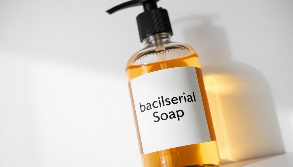 A close-up shot of a bottle of antibacterial liquid soap against a clean, white background. The bottle has a simple, minimalist design with a clear label that prominently displays the words "Antibacterial Soap" in a bold, sans-serif font. The soap itself has a transparent, amber-colored hue, suggesting a high-quality, gentle formula. Soft, directional lighting from the left side casts subtle shadows, adding depth and dimension to the image. The overall mood is clinical, hygienic, and focused on the essential purpose of the product - to provide a safe, effective cleansing solution for freshly inked tattoos.